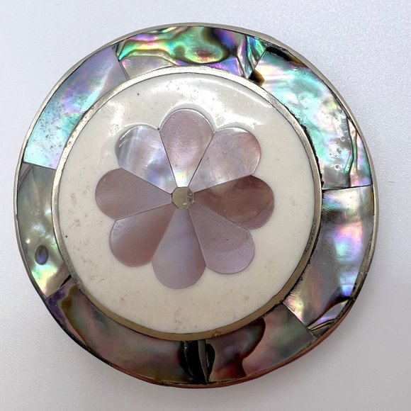 Vintage Alpaca Flower Mother of Pearl & Abalone Necklace Pendant or Brooch - Picture 1 of 2